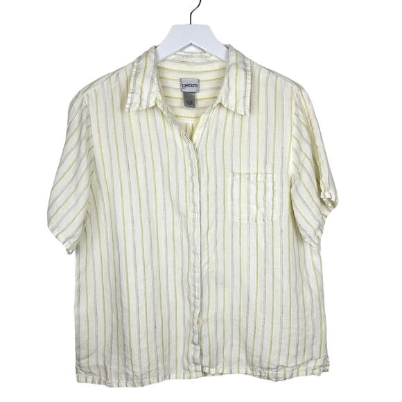 Chico's Ivory and Olive Striped Button Down Shirt - Picture 1 of 5